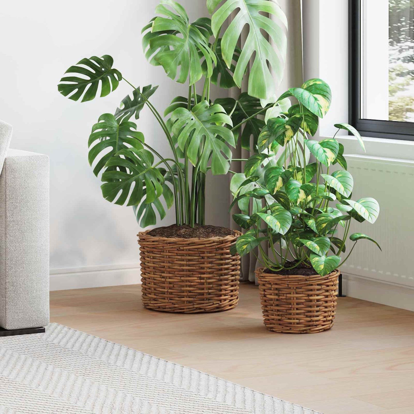 Plantekurv med lagring 2 stk. Naturlig brun Kubu Rattan