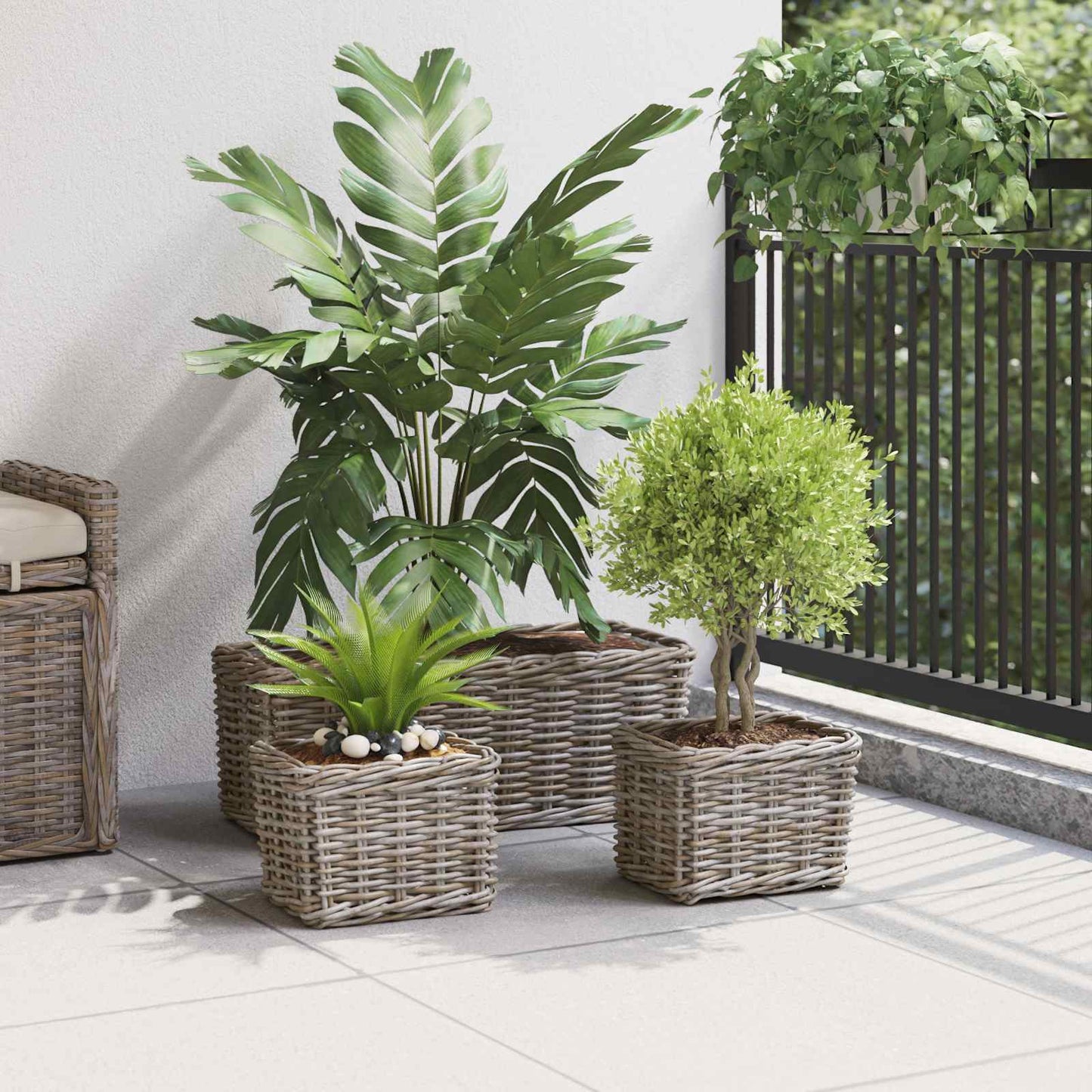 Planterkurv med lagring 3 stk. Naturlig grå Kubu Rattan