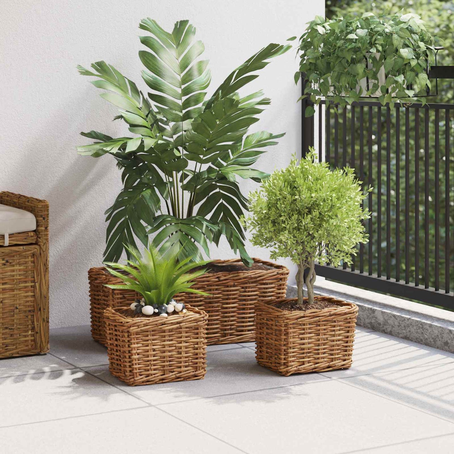 Planterkurv med lagring 3 stk. Naturlig brun Kubu Rattan