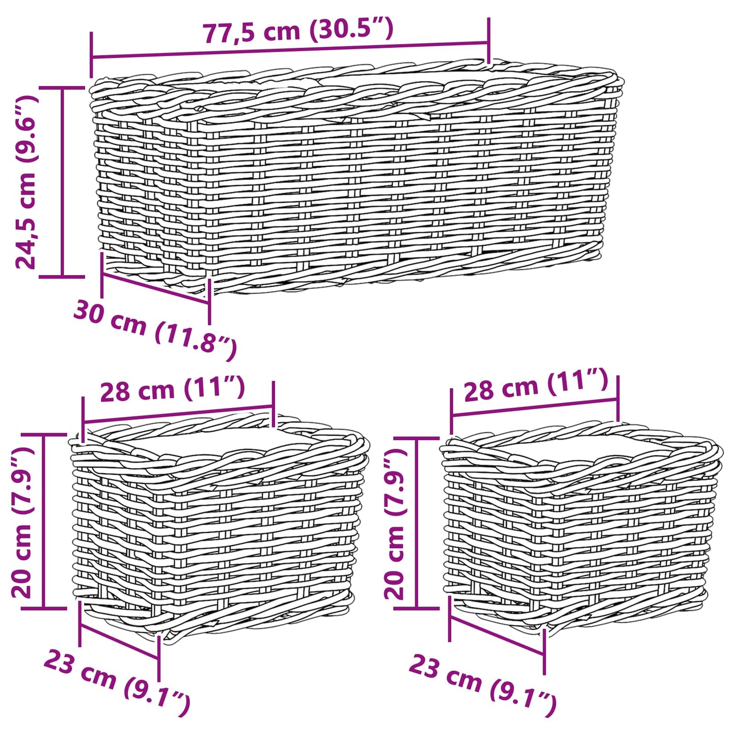 Planterkurv med lagring 3 stk. Naturlig brun Kubu Rattan