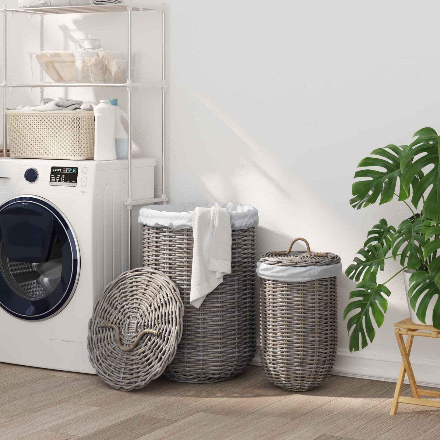 Vaskekurv med lokk 2 pcs Naturlig grå Kubu Rattan