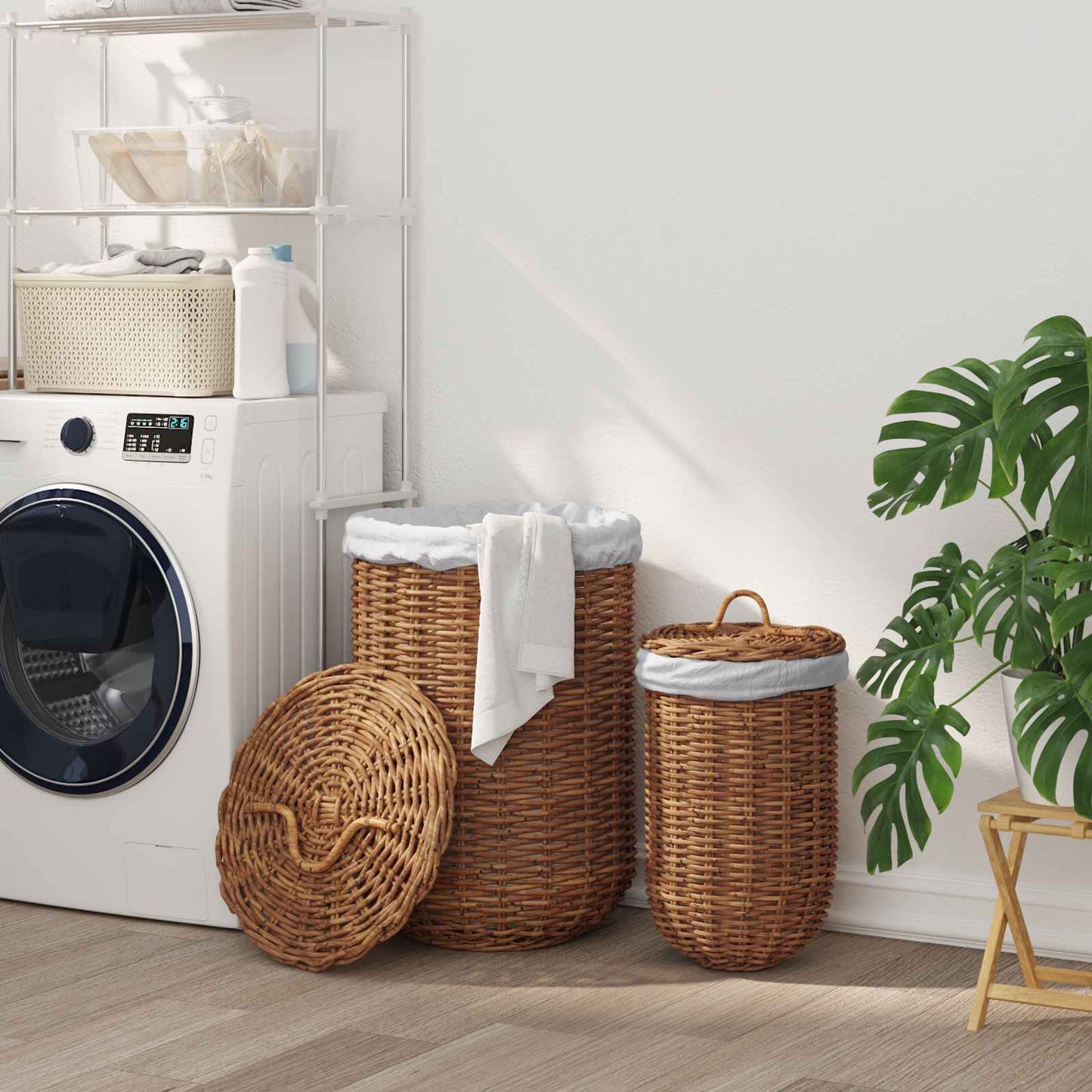 Vaskekurv med lokk 2 pcs Naturlig brun Kubu Rattan