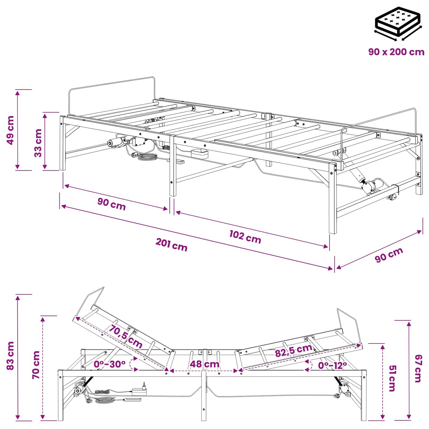 Elektrisk Justerbar Seng Ramme Svart 90 x 200 cm Stål