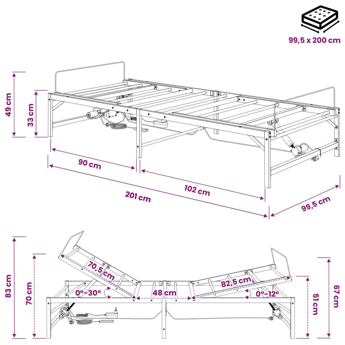 Elektrisk Justerbar Seng Ramme Svart 100 x 200 cm Stål