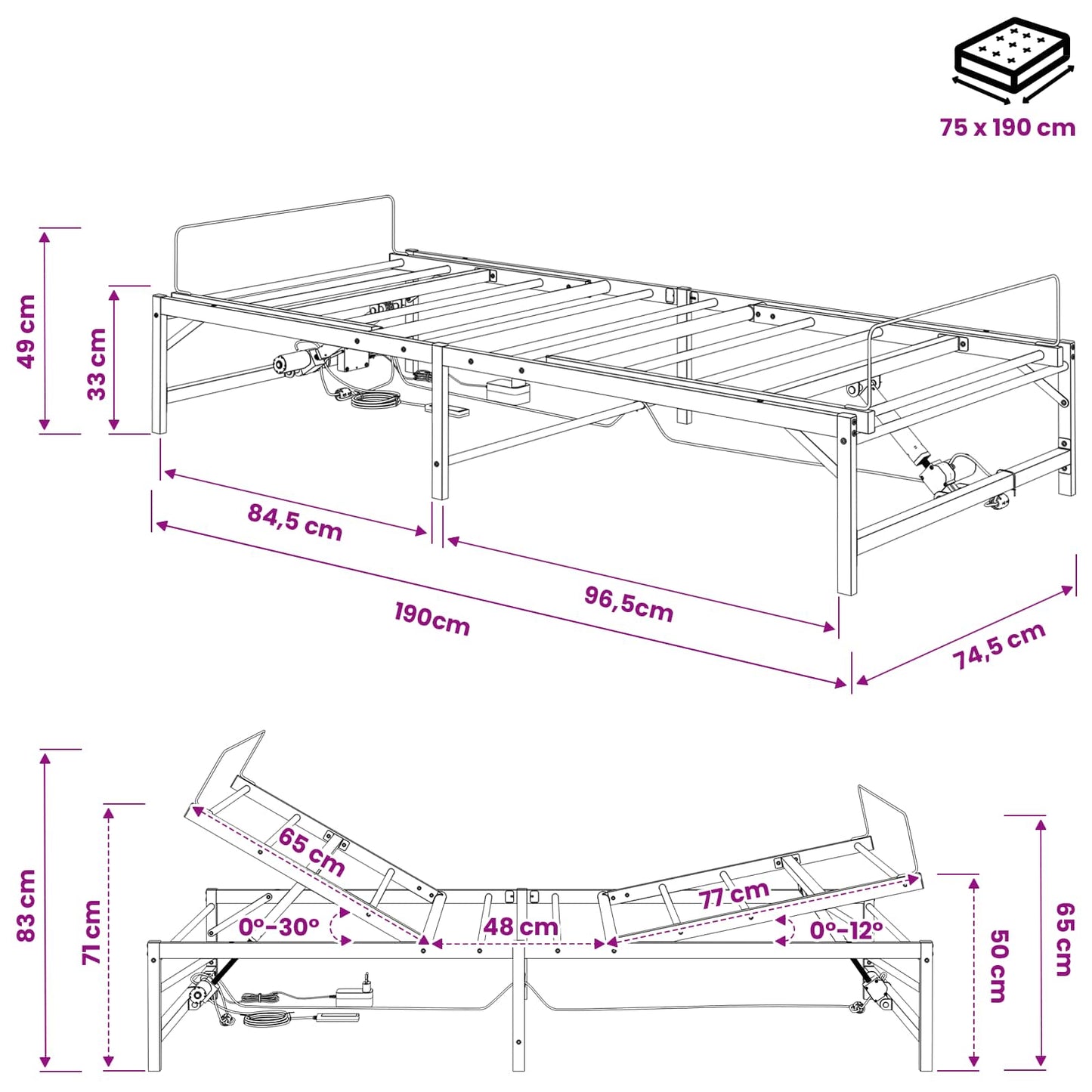 Elektrisk Justerbar Seng Ramme Hvit 75 x 190 cm Stål