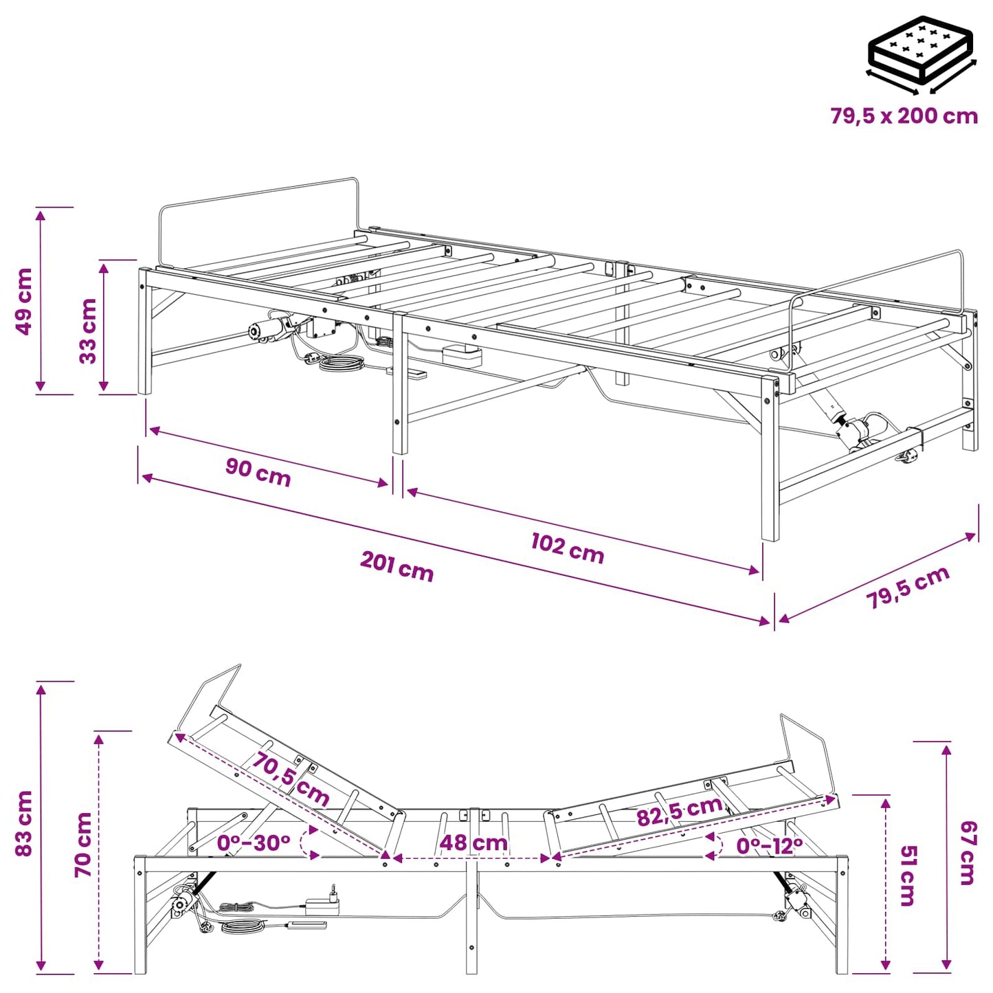 Elektrisk Justerbar Seng Ramme Hvit 80 x 200 cm Stål