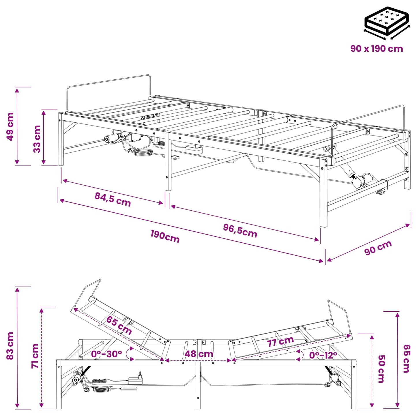Elektrisk Justerbar Seng Ramme Hvit 90 x 190 cm Stål