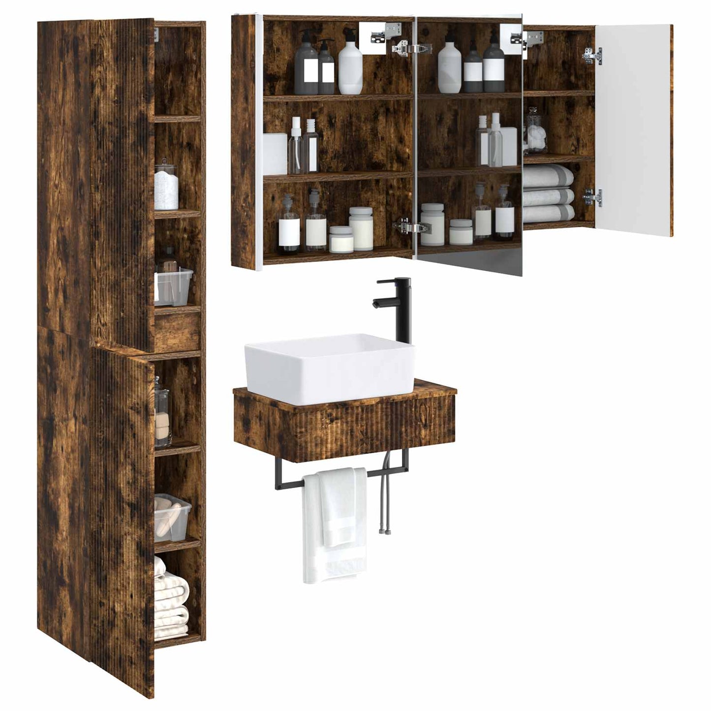 Baderomsinnredningssett 5 pcs Røkt Eik Konstruert tre og glass