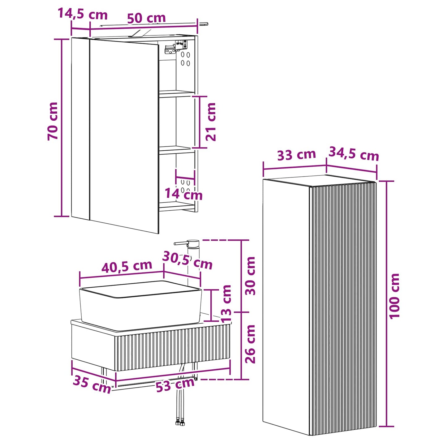 Baderomsskapsett 4 pcs Betonggrå 50 x 14,5 x 70 cm