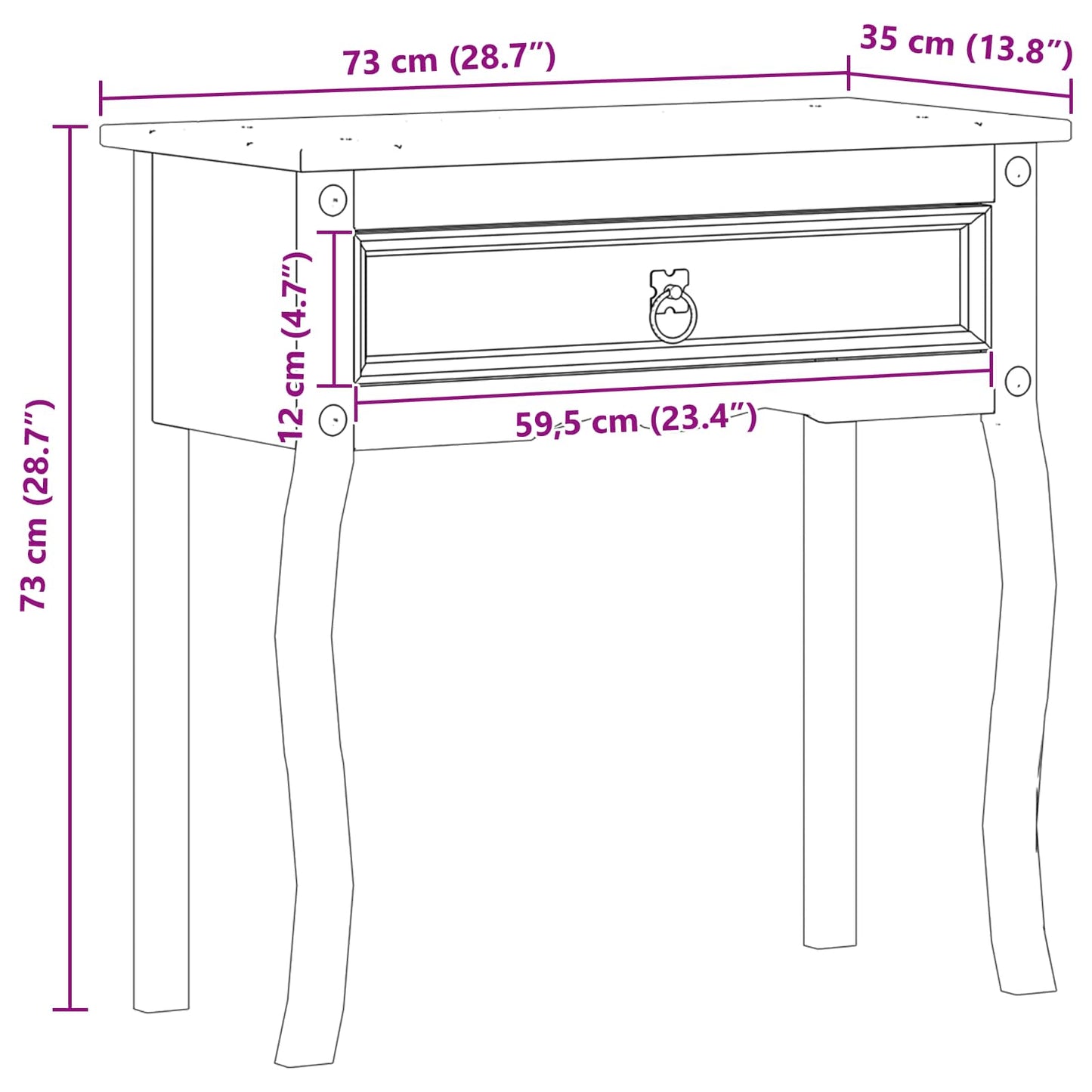 Konsollbord med skuff Hvit 73 x 35 x 73 cm Massiv furu