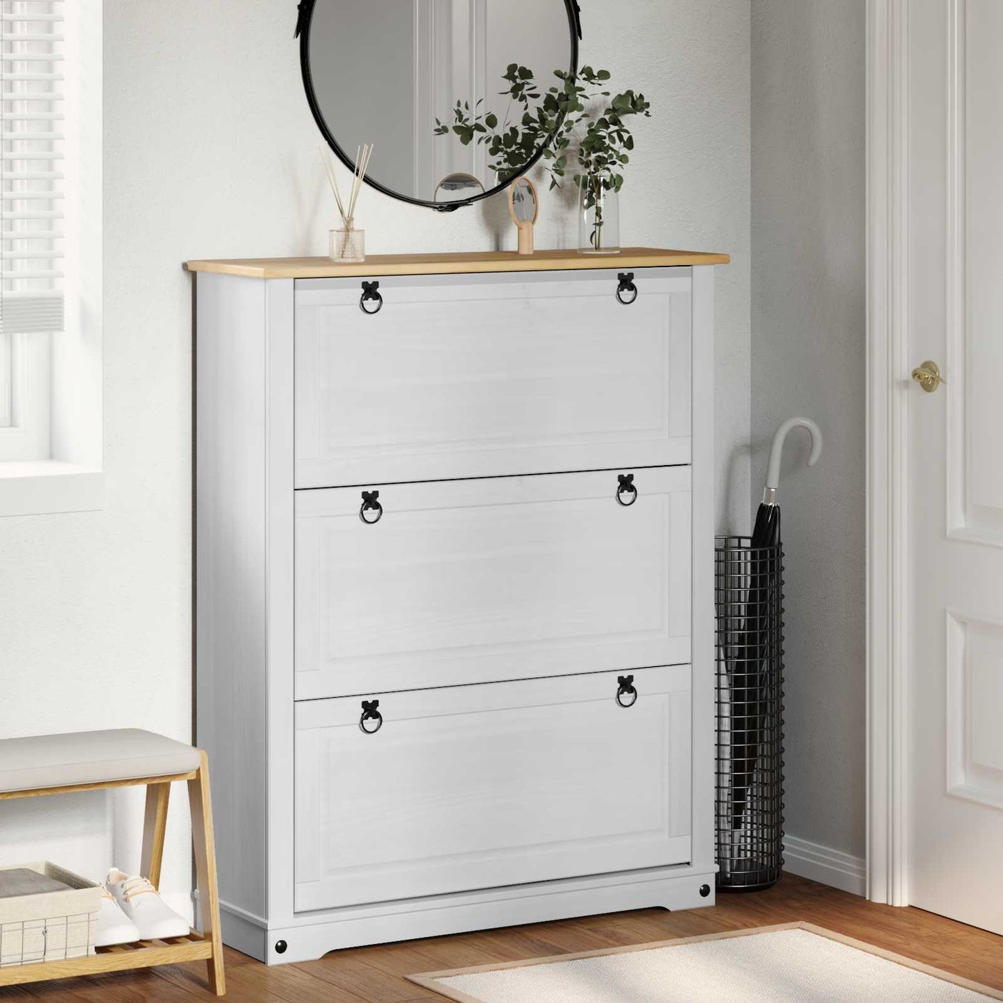Sko Skap med skuff Corona Hvit 99 x 32 x 122 cm Massiv furu