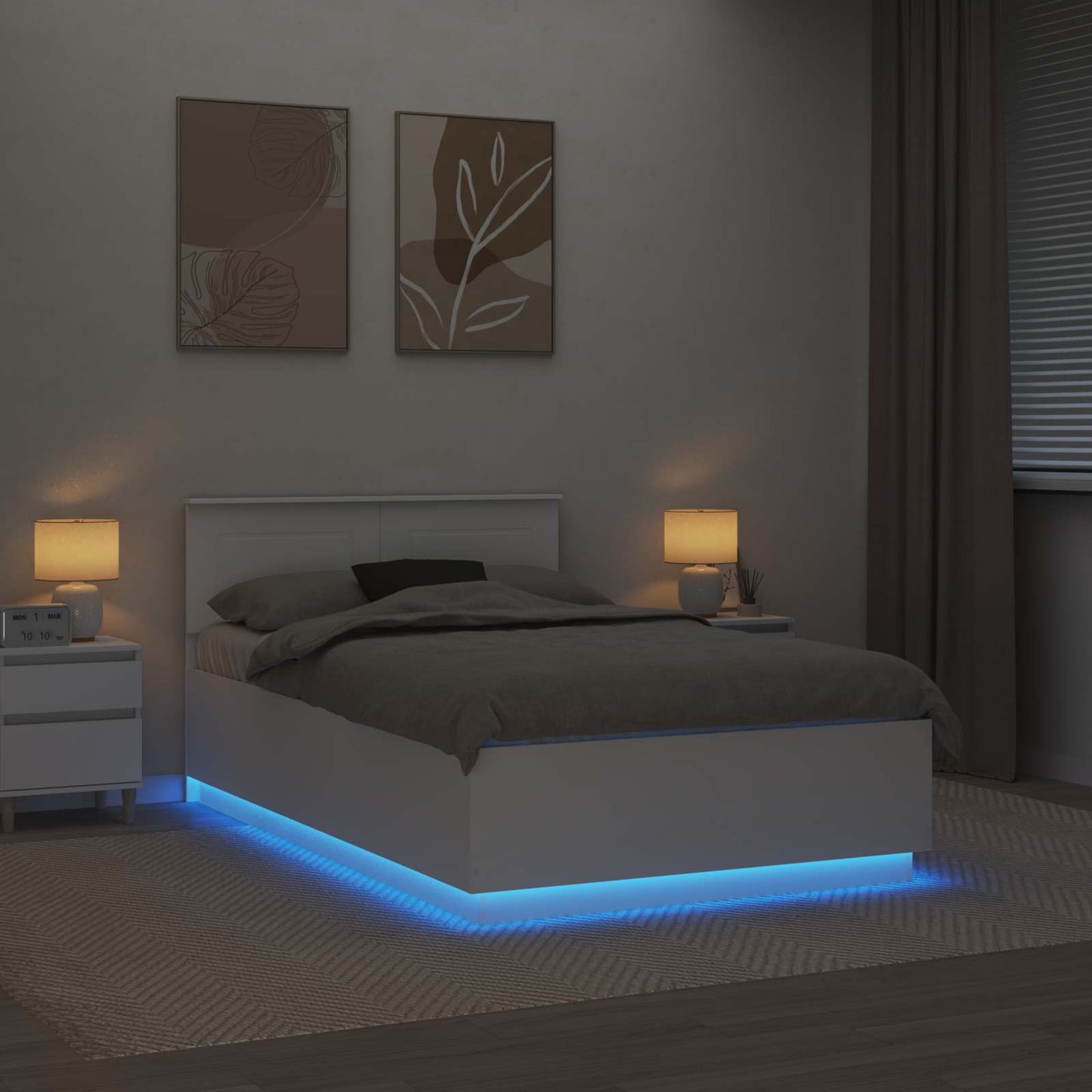 Sengestamme med LED -stripelys Hvit 135 x 190 cm Konstruert tre