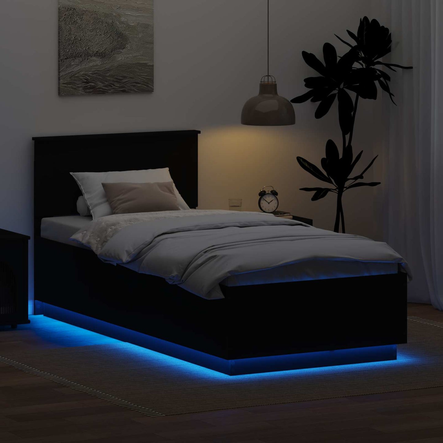Sengestamme med LED -stripelys Svart 90 x 190 cm Konstruert tre