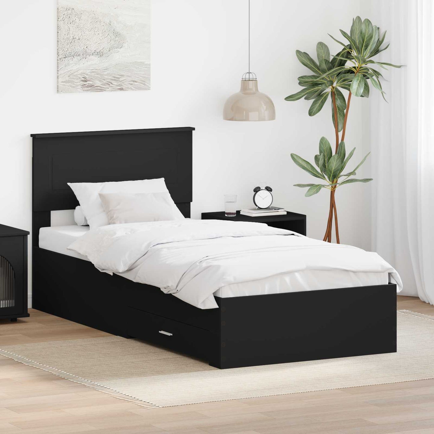 Sengestamme med skuff Svart og sølv 100 x 200 cm Konstruert tre