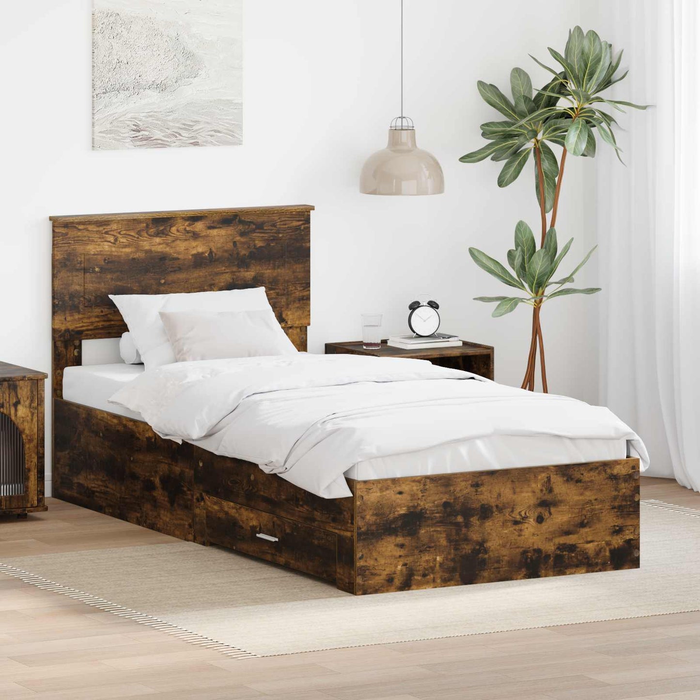 Sengestamme med hodegjerde Røkt eik 90 x 200 cm Konstruert tre