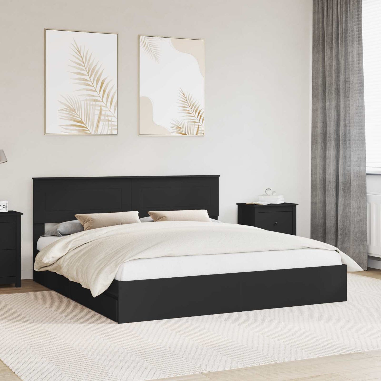 Seng med Oppbevaring Svart 200 x 200 cm Konstruert tre
