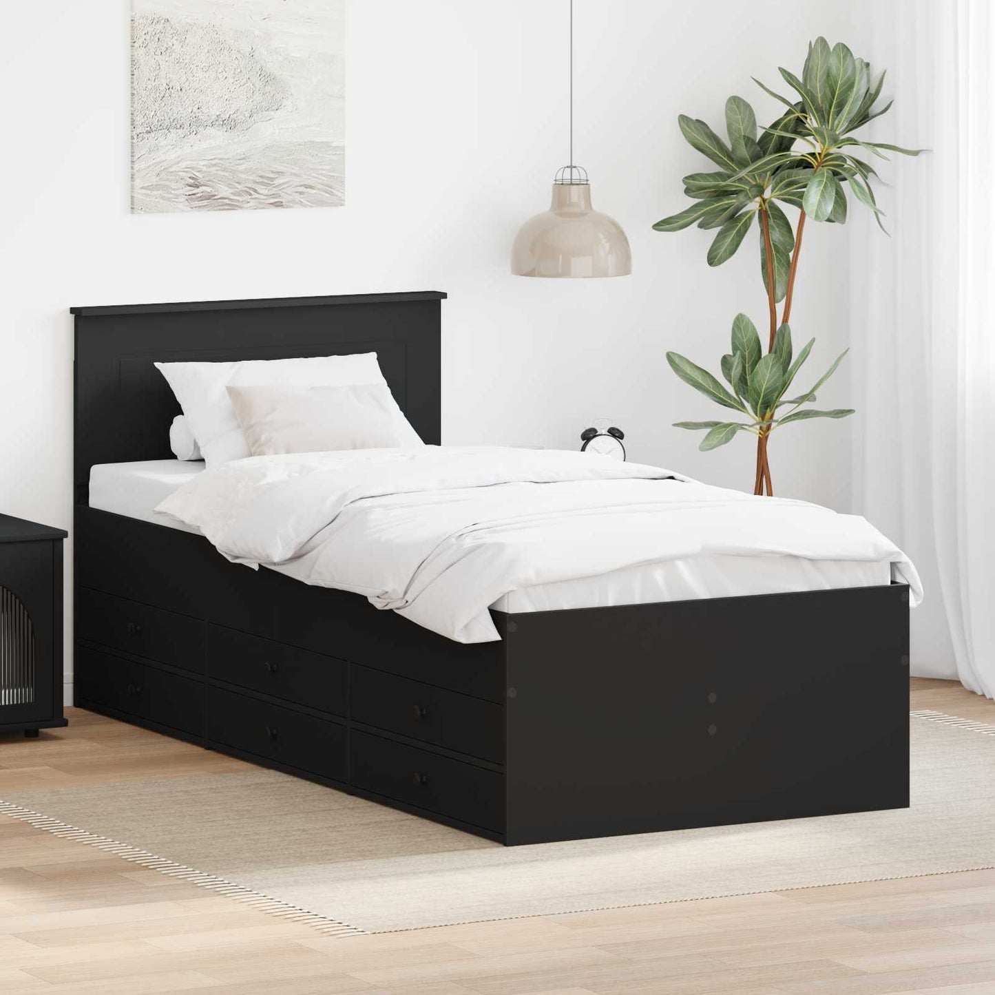 Seng med skuff med hodegjerde Svart 90 x 200 cm Konstruert tre