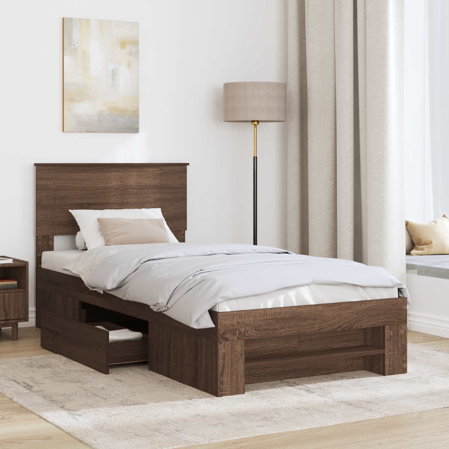 Sengestamme med hodegjerde Brun Eik 80 x 200 cm Konstruert tre