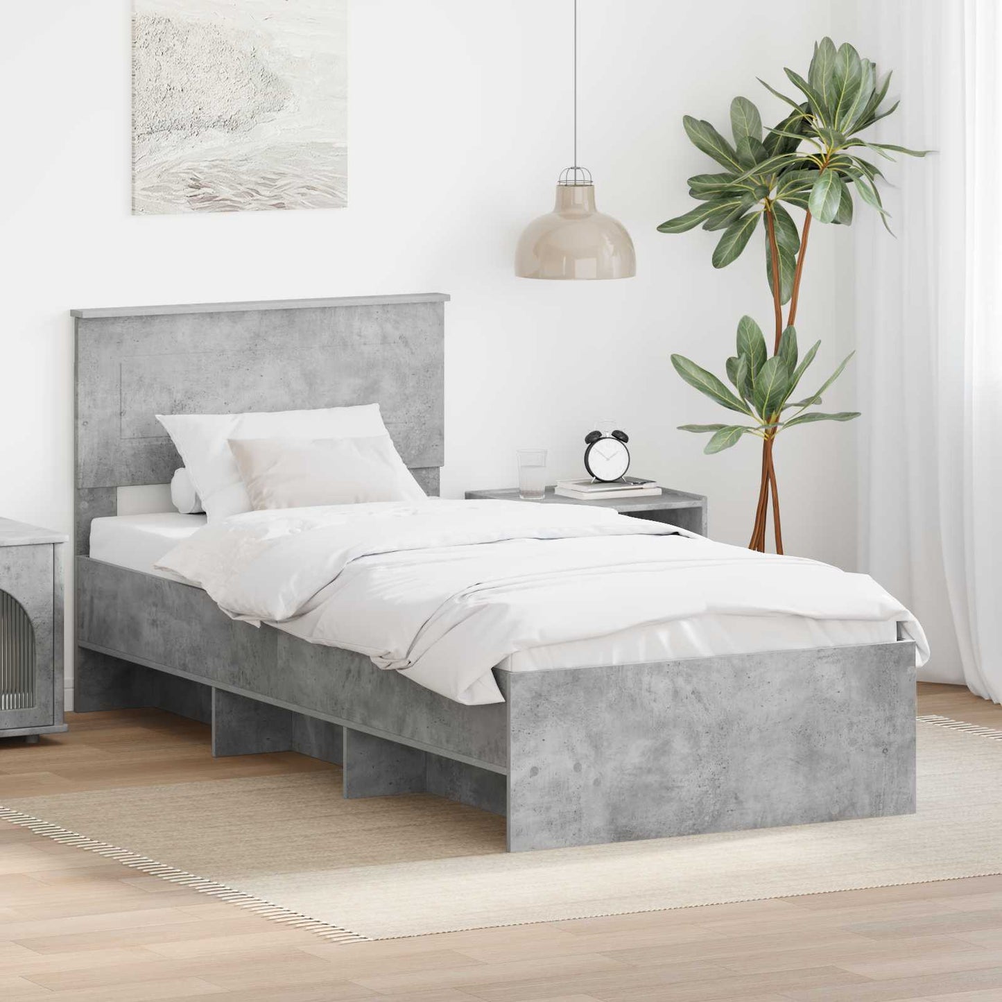 Sengestamme med hodegjerde Betonggrå 90 x 200 cm Konstruert tre