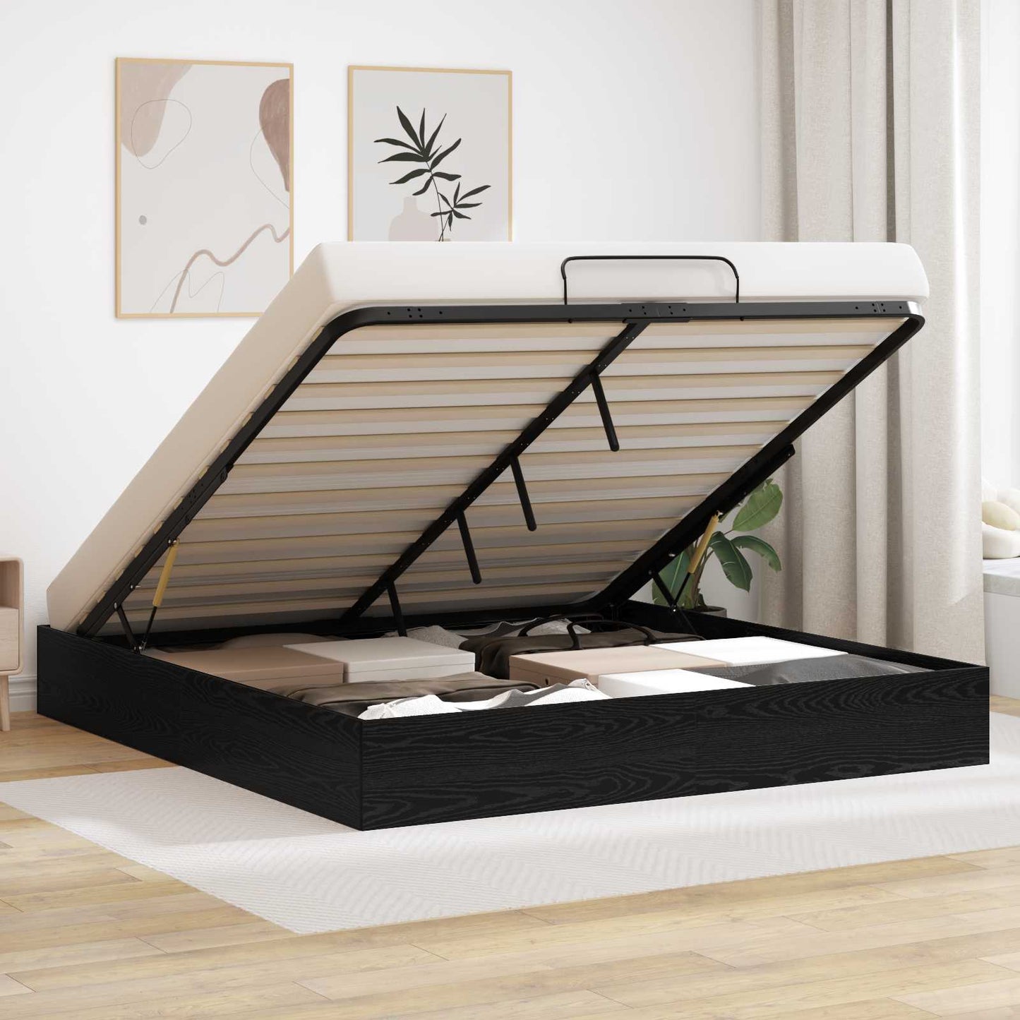 Ottoman sengeramme Svart Eik 203 x 180 x 25 cm Konstruert tre