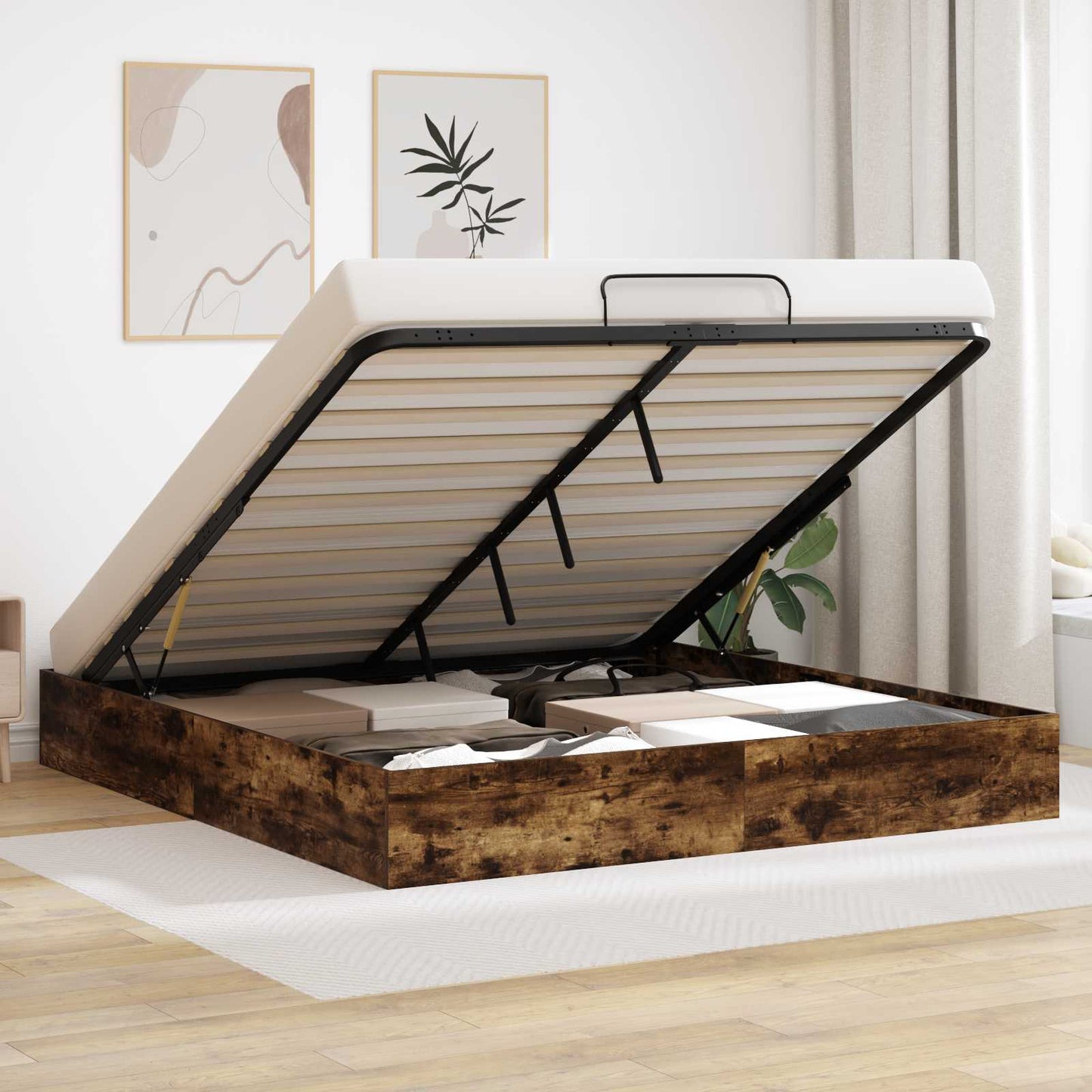 Ottoman sengeramme Røkt Eik 203 x 180 x 25 cm Konstruert tre