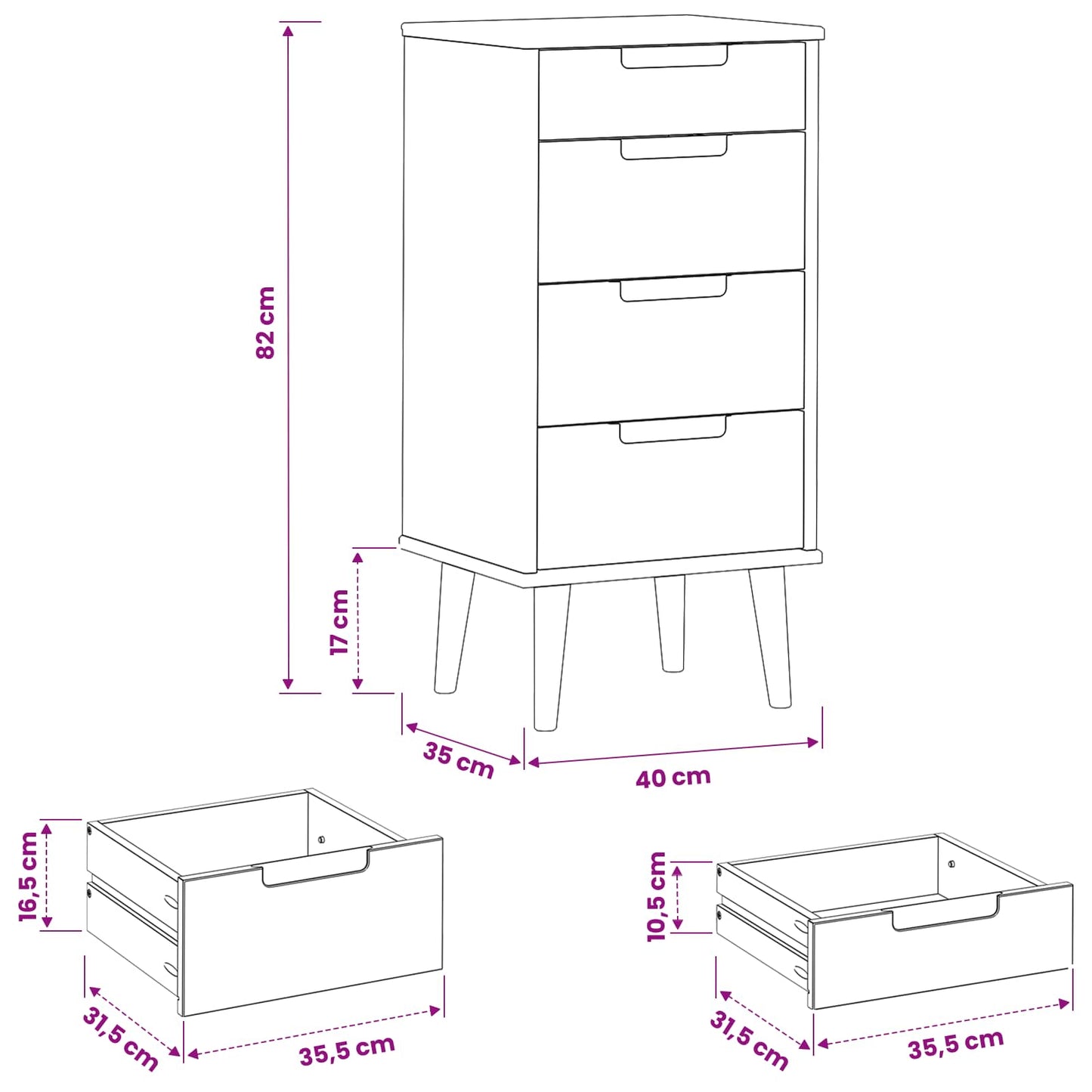 Kommode MOLDE Svart 40 x 35 x 82 cm Heltre furu