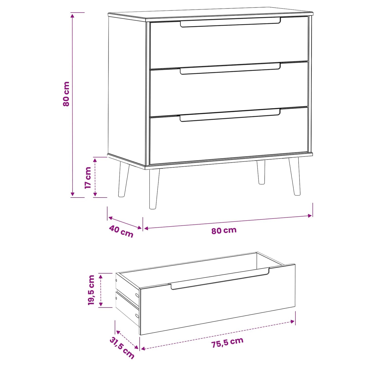 Kommode MOLDE Karamell 80 x 40 x 80 cm Heltre furu