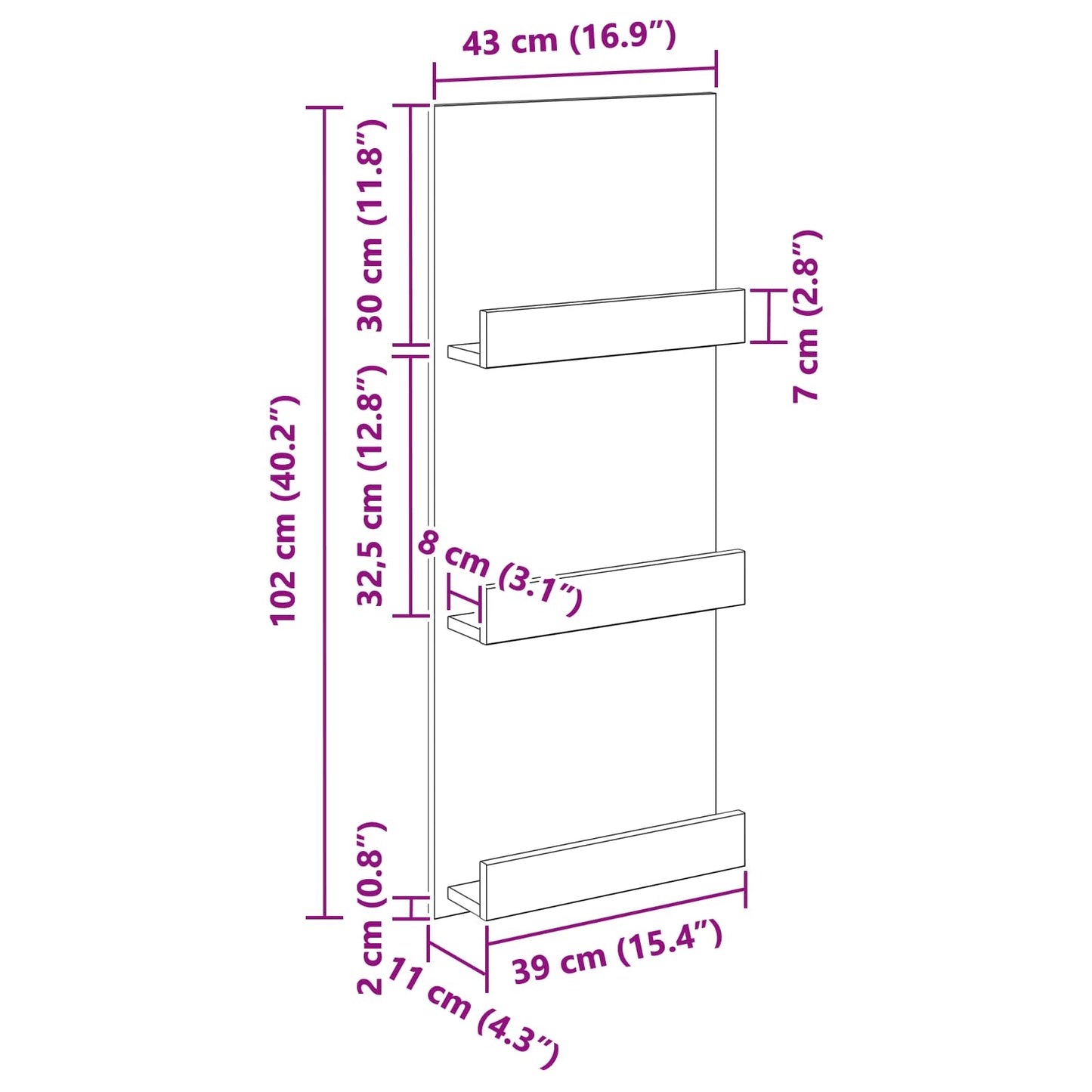 Magasinreol med hylle Svart Eik 43 x 11 x 102 cm Konstruert tre