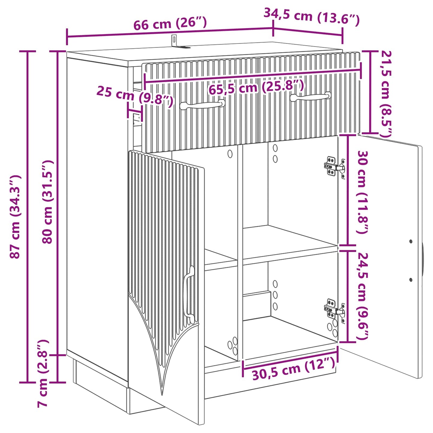 Serviesskap med skuff Hvit 66 x 34,5 x 87 cm Konstruert tre