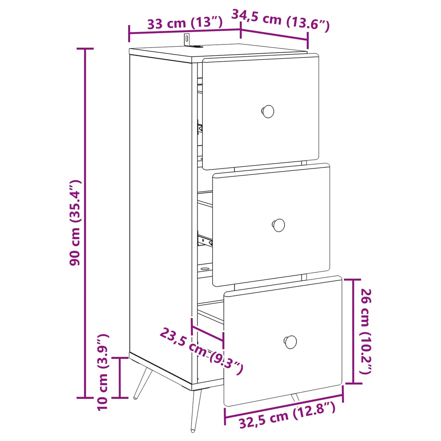 Skuffeskap Høgglans hvit 33 x 34,5 x 90 cm Konstruert tre