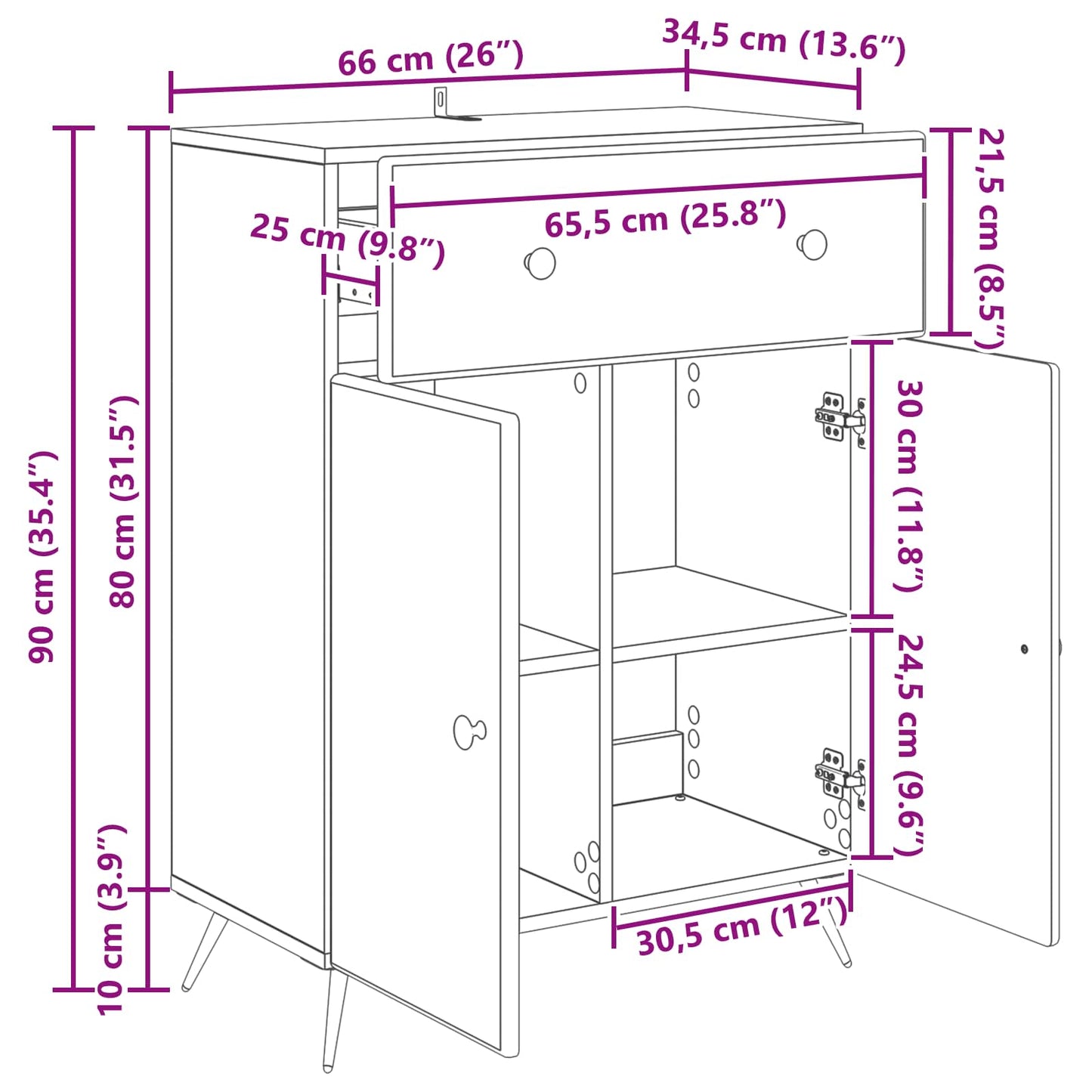 Serviesskap med skuff Røkt Eik 66 x 34,5 x 90 cm Konstruert tre