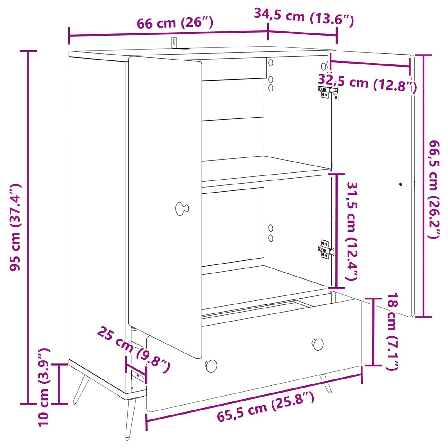 Serviesskap med skuff Hvit 66 x 34,5 x 95 cm Konstruert tre