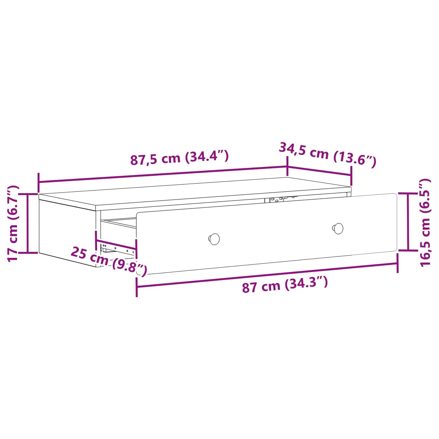 Vegghengt Sidebord Høgglans hvit 87,5 x 34,5 x 17 cm