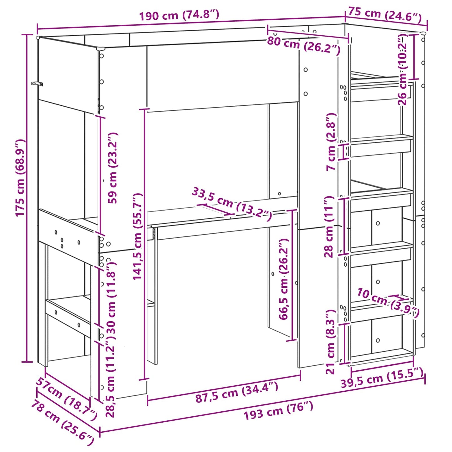Loft seng ramme med skrivebord Sonoma eik 75 x 190 cm