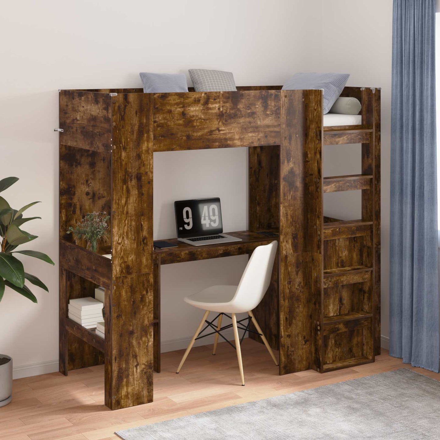 Loft seng ramme med skrivebord med lagring Røkt eik 75 x 190 cm