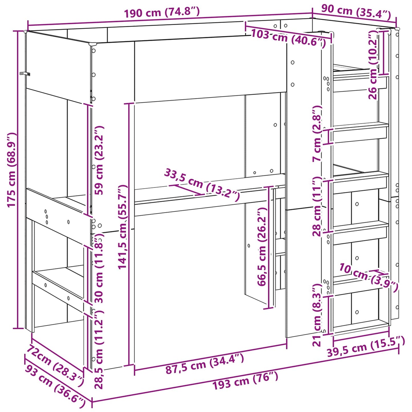 Loft seng ramme med skrivebord Gammelt tre 90 x 190 cm