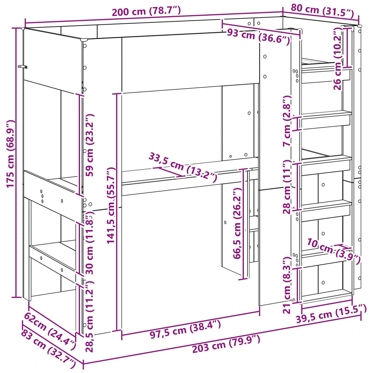Loft seng ramme med skrivebord med lagring Røkt eik 80 x 200 cm