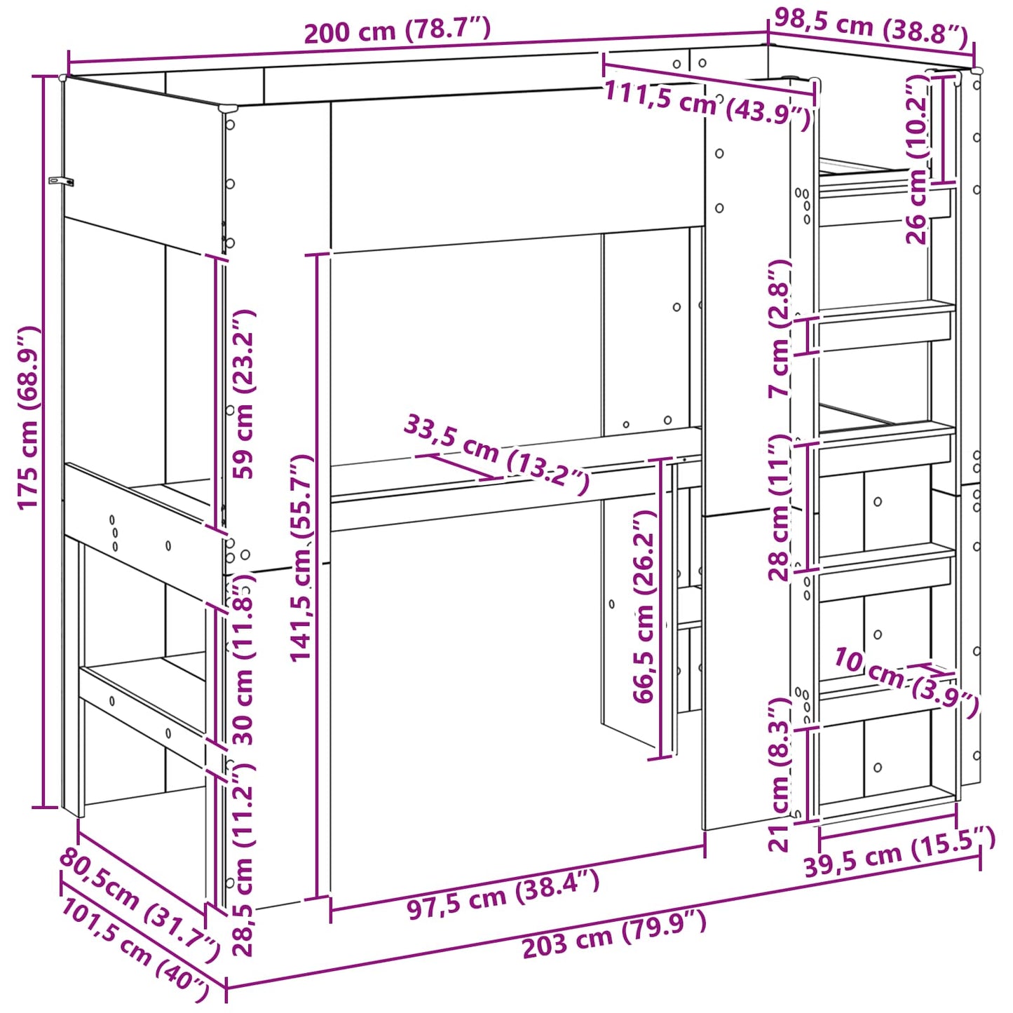 Loft seng ramme med skrivebord Sonoma eik 100 x 200 cm