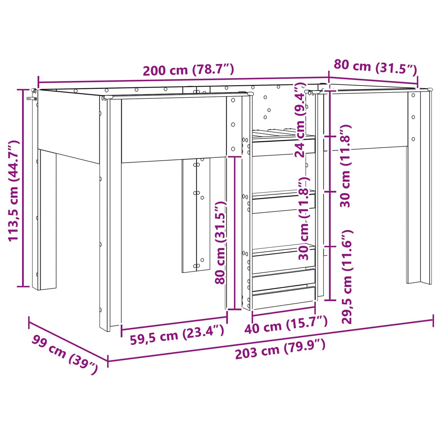 Køyeseng for Barn Betonggrå 80 x 200 cm Konstruert tre