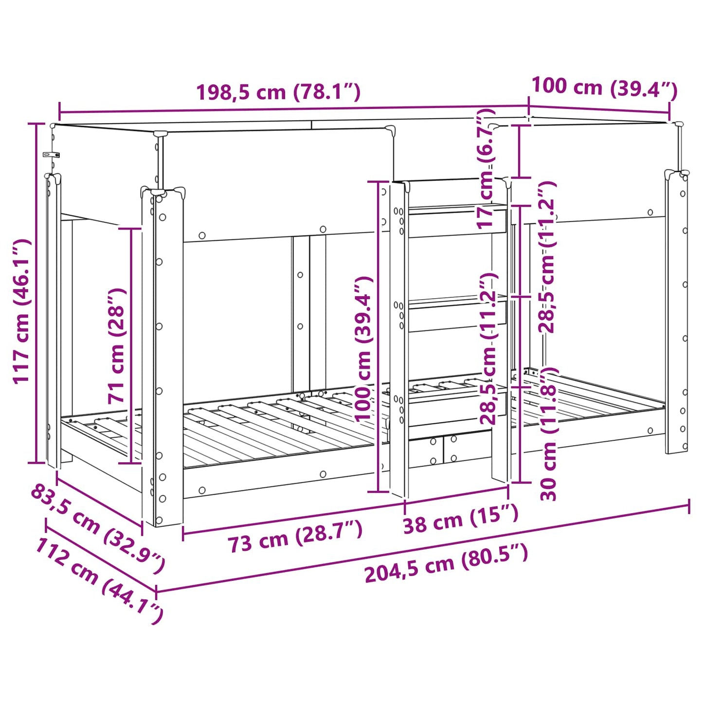 Køyeseng for Barn Betonggrå 100 x 200 cm Konstruert tre