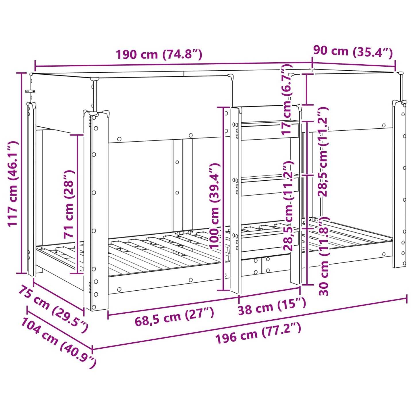 Køyeseng for Barn Gammelt tre 90 x 190 cm Konstruert tre
