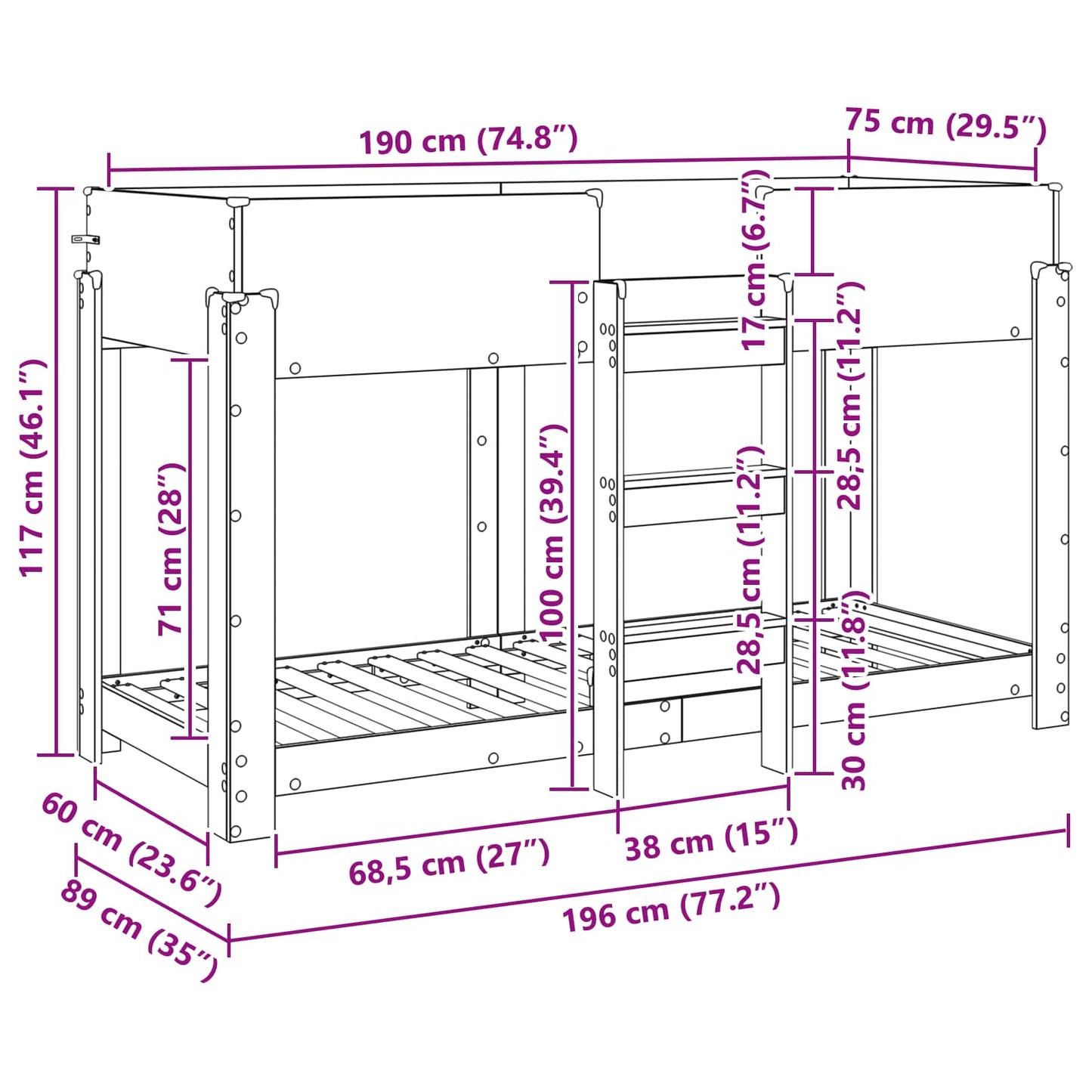 Køyeseng for Barn Svart Eik 75 x 190 cm Konstruert tre