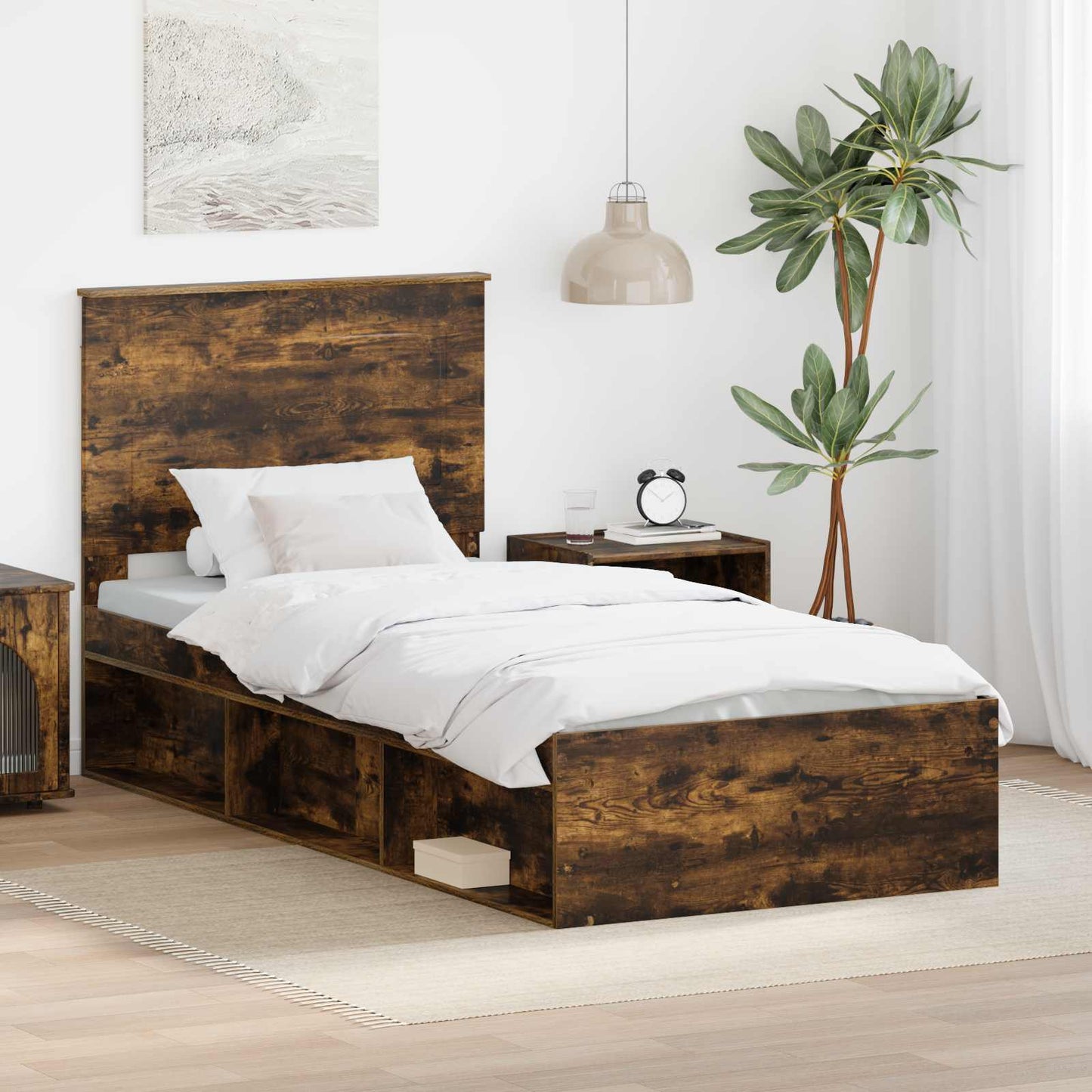 Sengestamme med hodegjerde Røkt eik 100 x 200 cm Massiv furu
