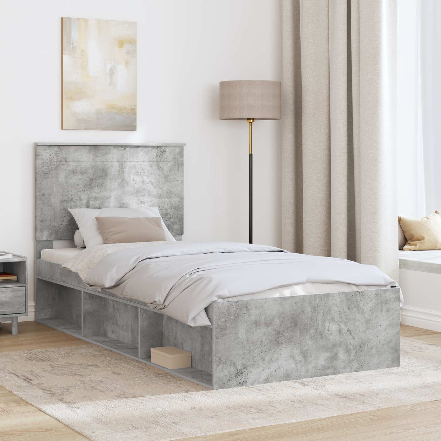 Sengestamme med hodegjerde Betonggrå 90 x 190 cm Massiv furu