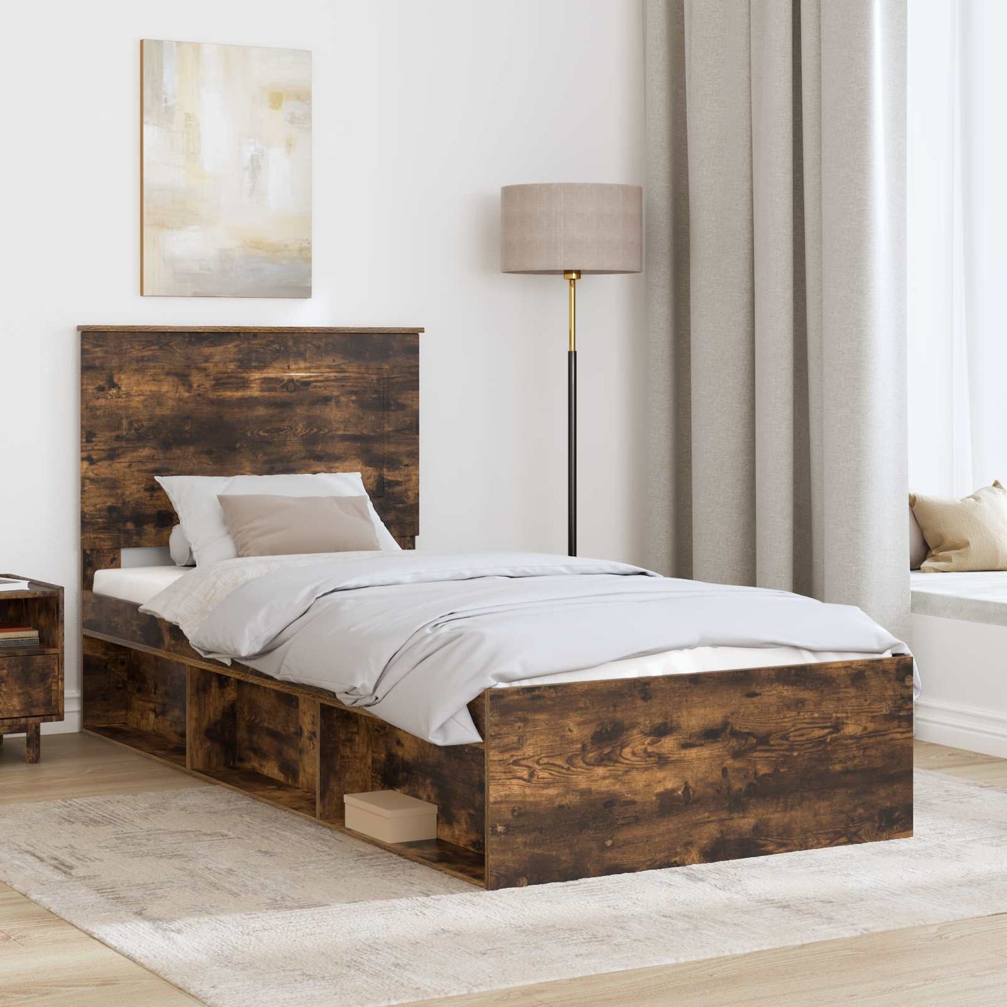 Sengestamme med hodegjerde Røkt eik 90 x 190 cm Massiv furu