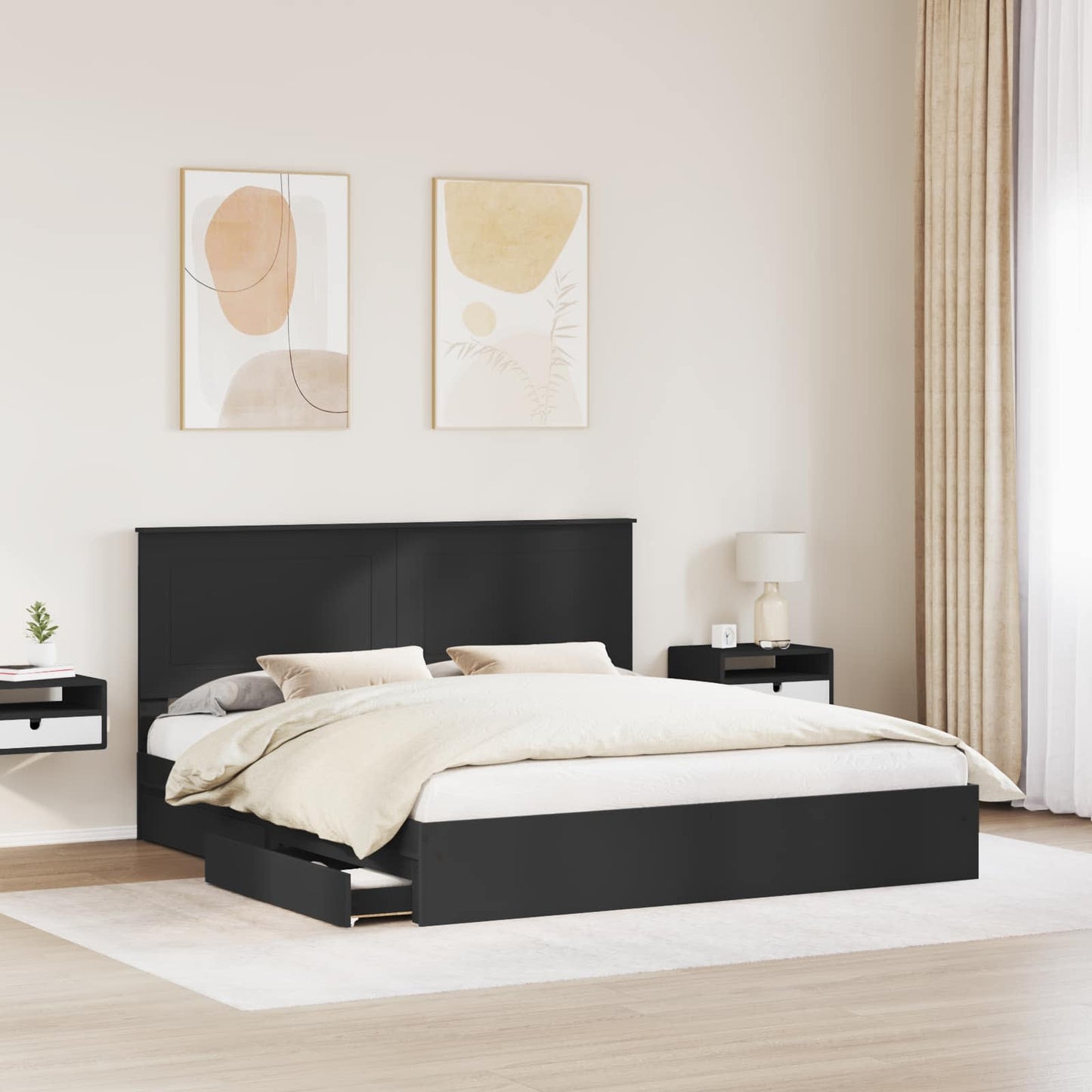 Seng med Oppbevaring Svart 200 x 200 cm Konstruert tre