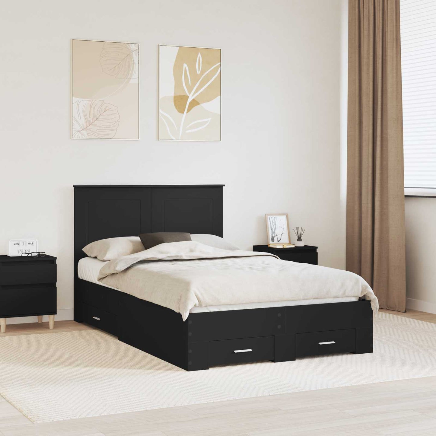 Sengestamme med hodegjerde Svart 135 x 190 cm Konstruert tre