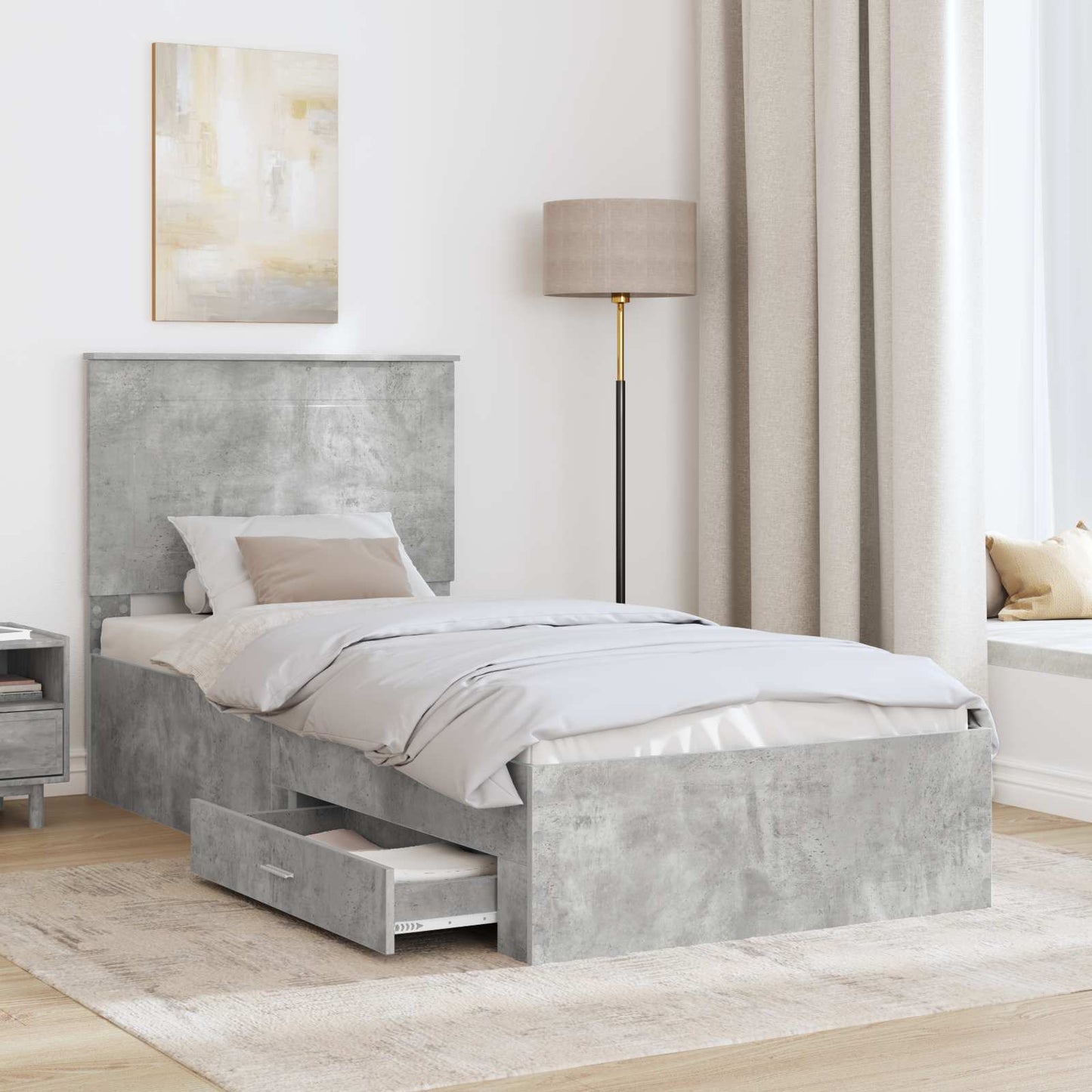 Sengestamme med hodegjerde Betonggrå 90 x 190 cm Konstruert tre