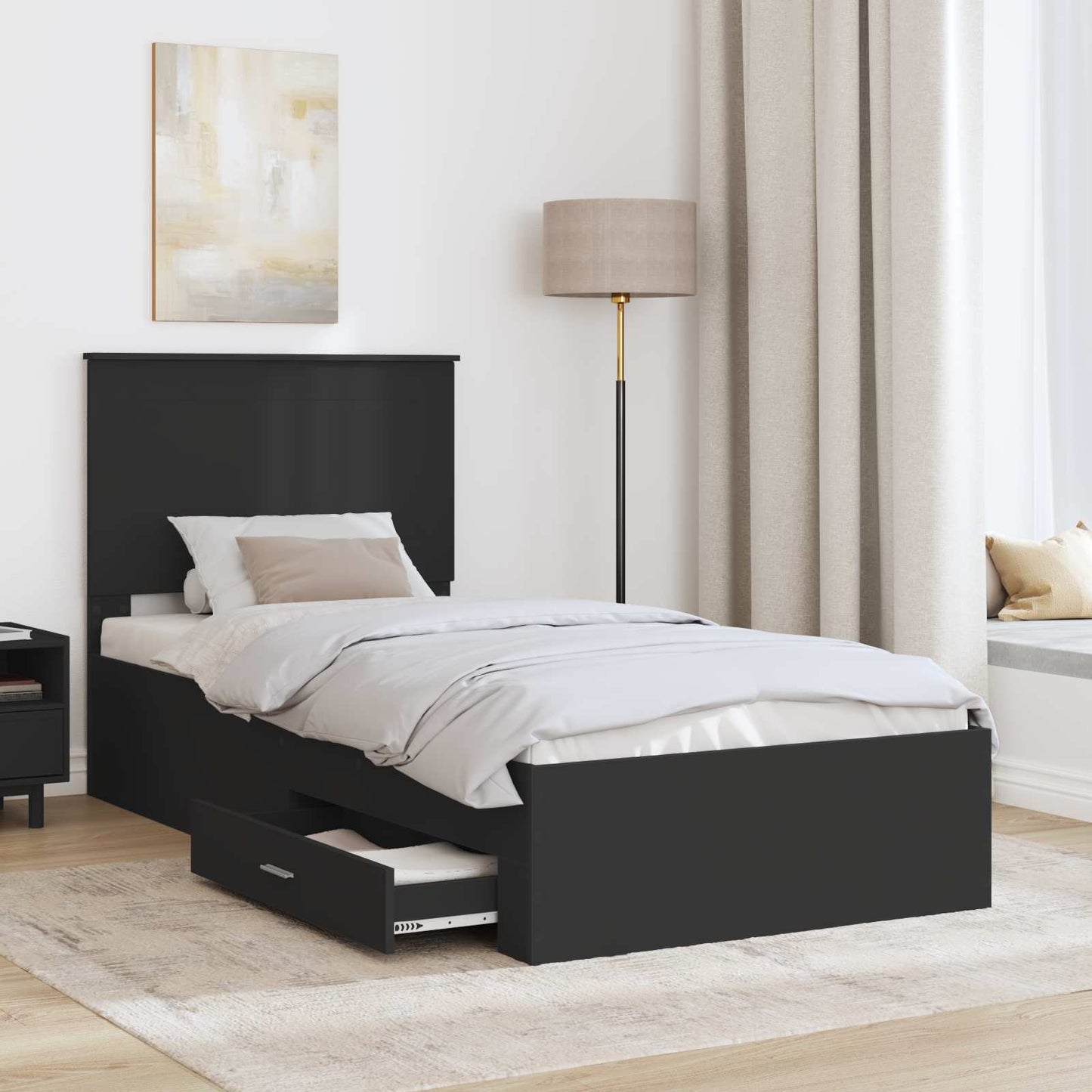 Sengestamme med skuff Svart og sølv 75 x 190 cm Konstruert tre