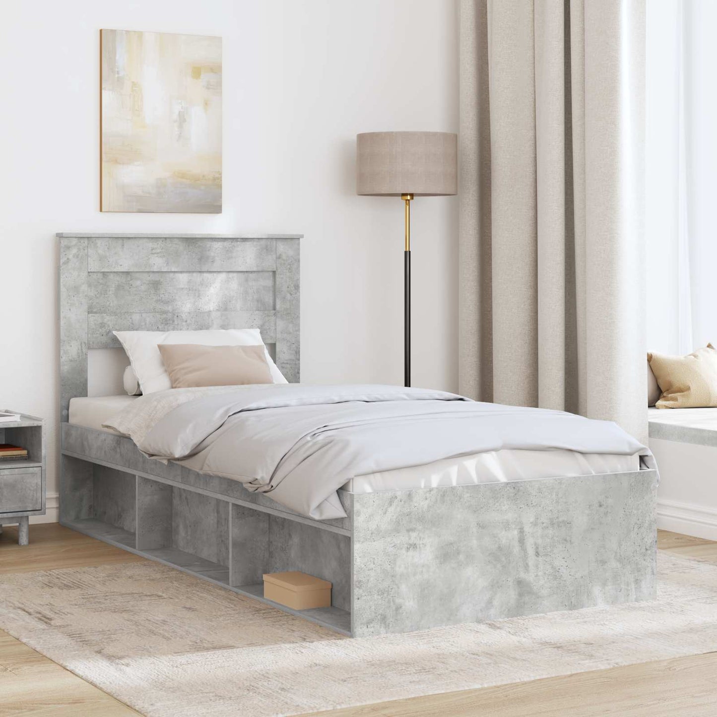 Sengestamme med hodegjerde Betonggrå 100 x 200 cm Massiv furu
